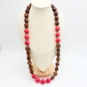 C1946 Wood Bead Necklace Pink Coral Statement Chunky Necklace